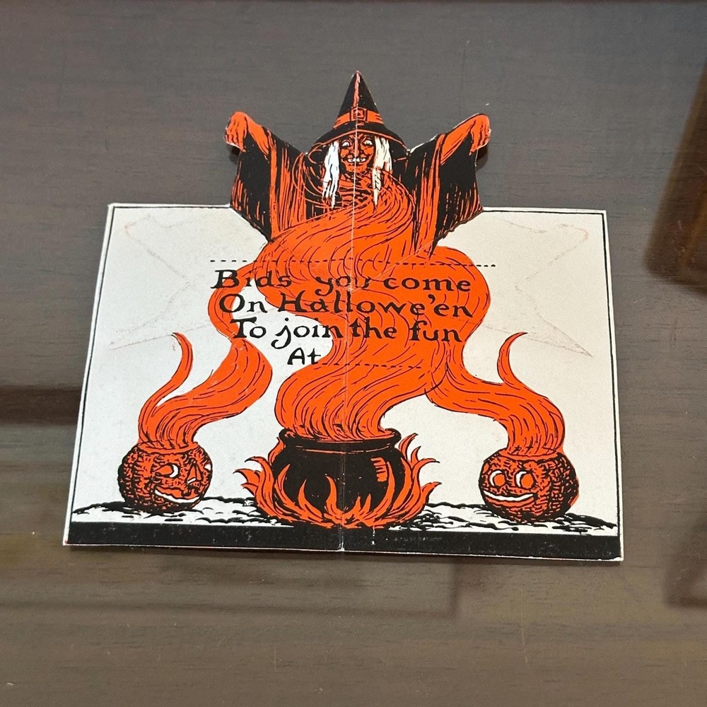 Antique Beistle Pop Up Cat Witch Halloween Invitation Paper Ephemera RARE 4.25x3 - Picture 2 of 6